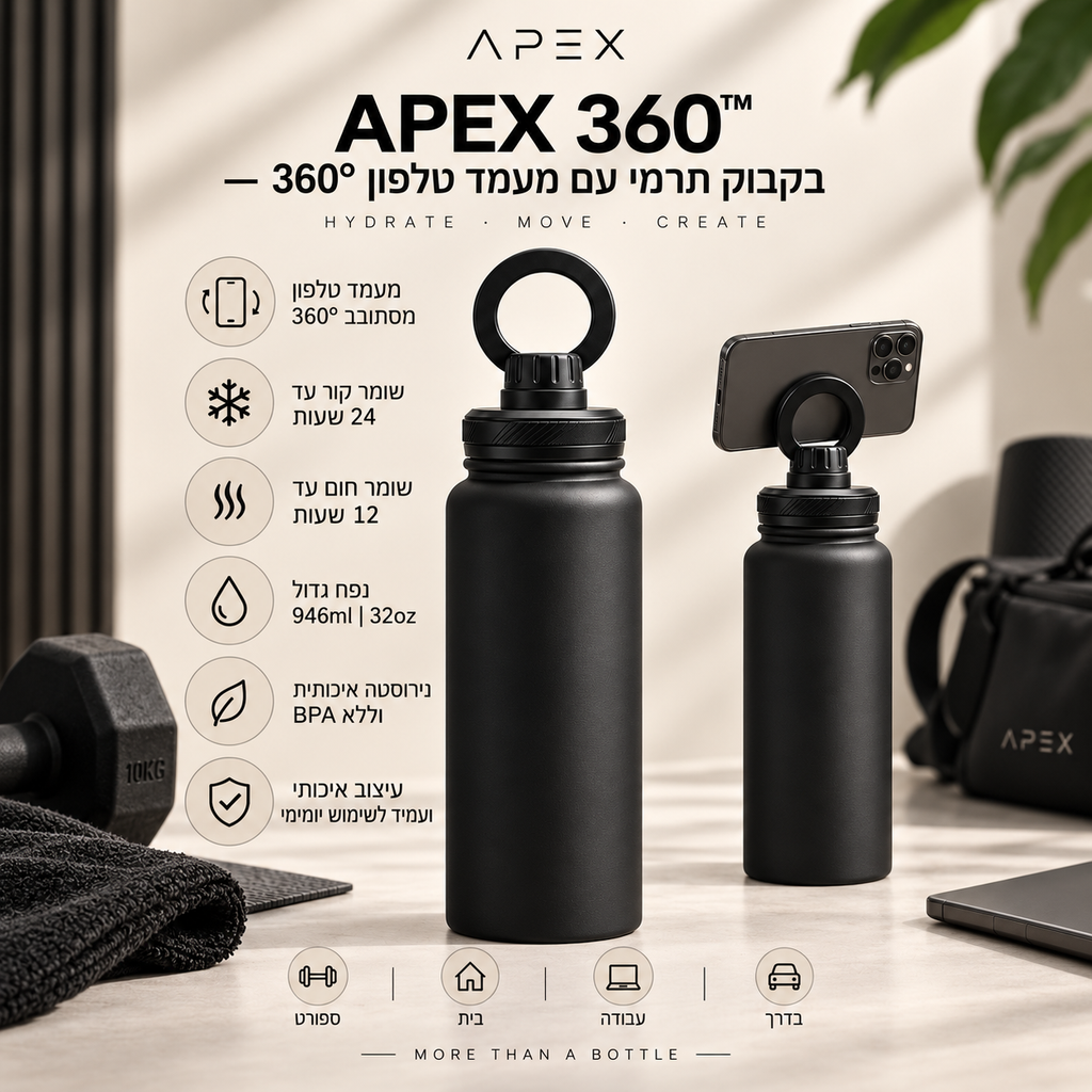בקבוק תרמי עם מחזיק מגנטי לטלפון
