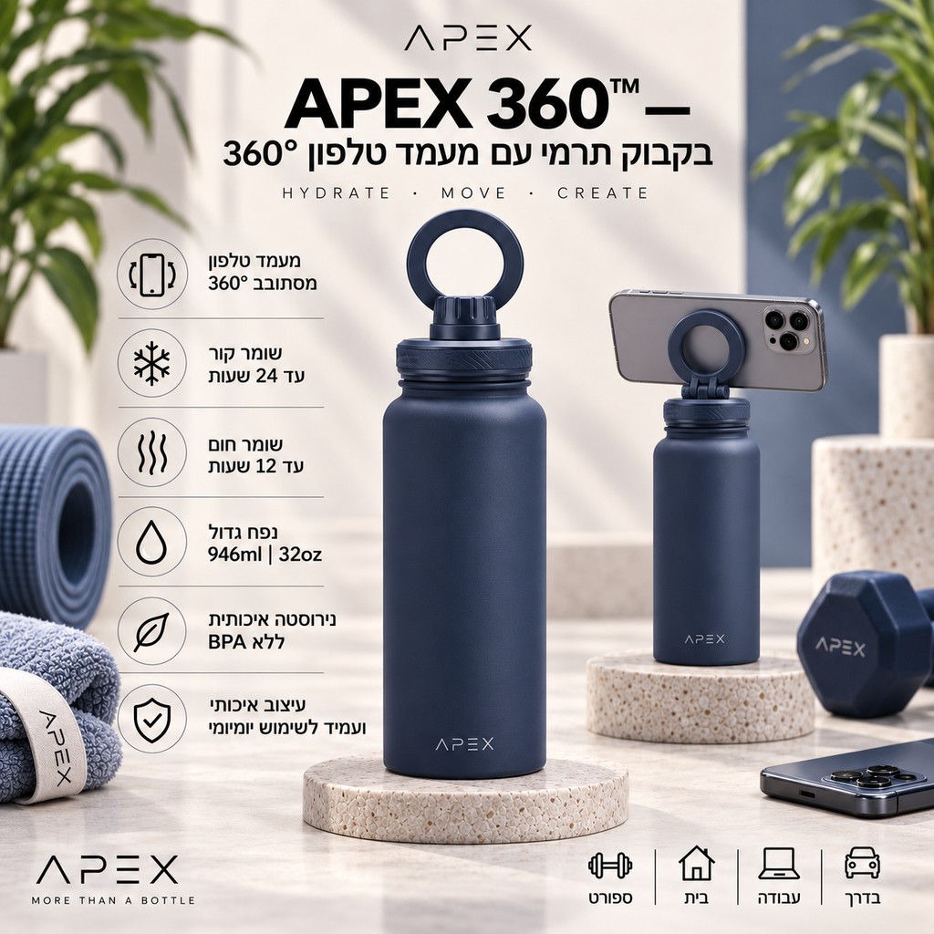 בקבוק תרמי עם מחזיק מגנטי לטלפון