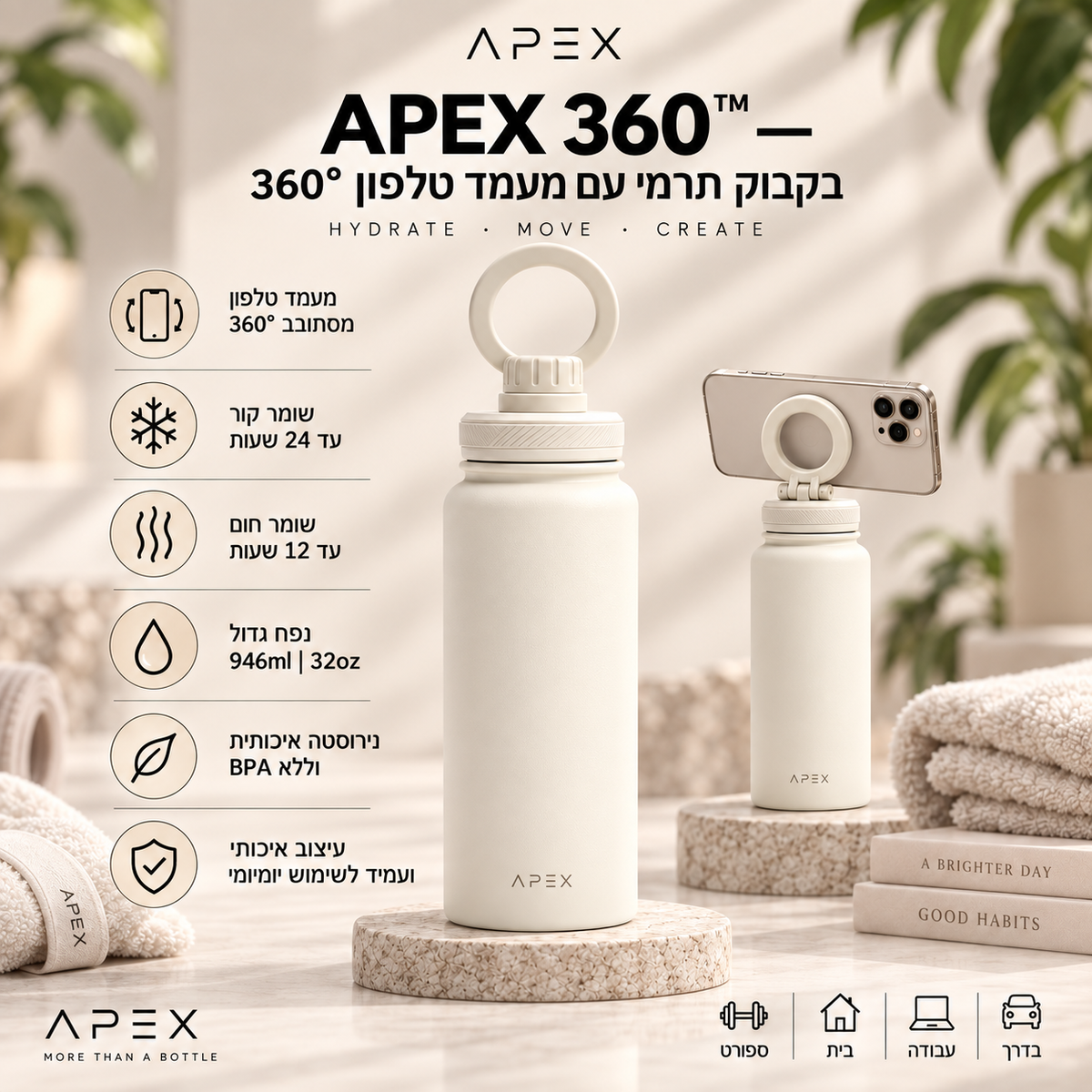 בקבוק תרמי עם מחזיק מגנטי לטלפון